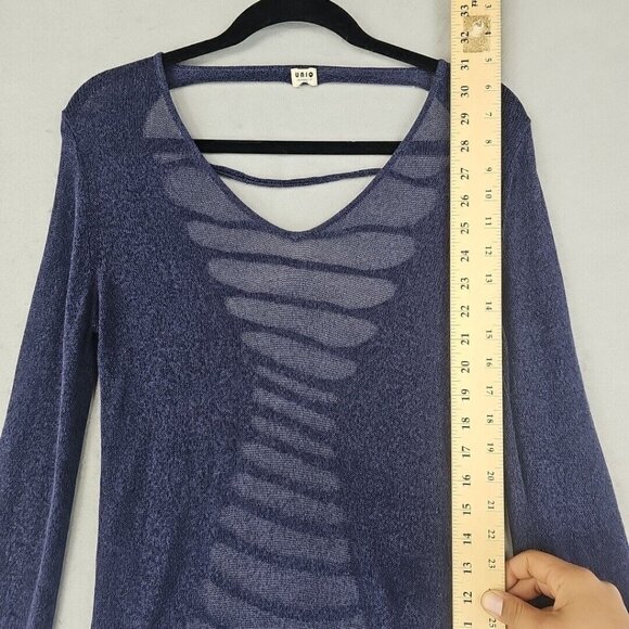 Uniq Top Womens M Blue Sheer Knit Strappy Back Bohemian Chic Long Sleeve Sexy - Picture 3 of 8